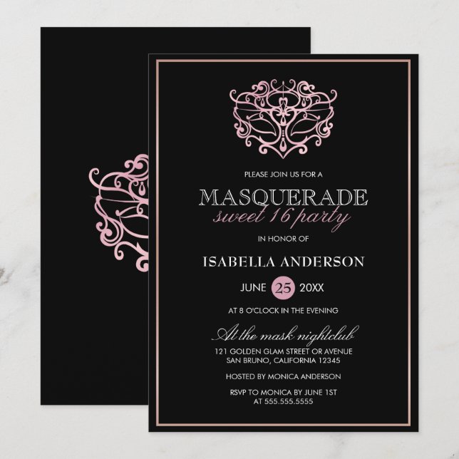 Invitation Élégant Métallic Blush Rose Masquerade Sweet 16 (Devant / Derrière)