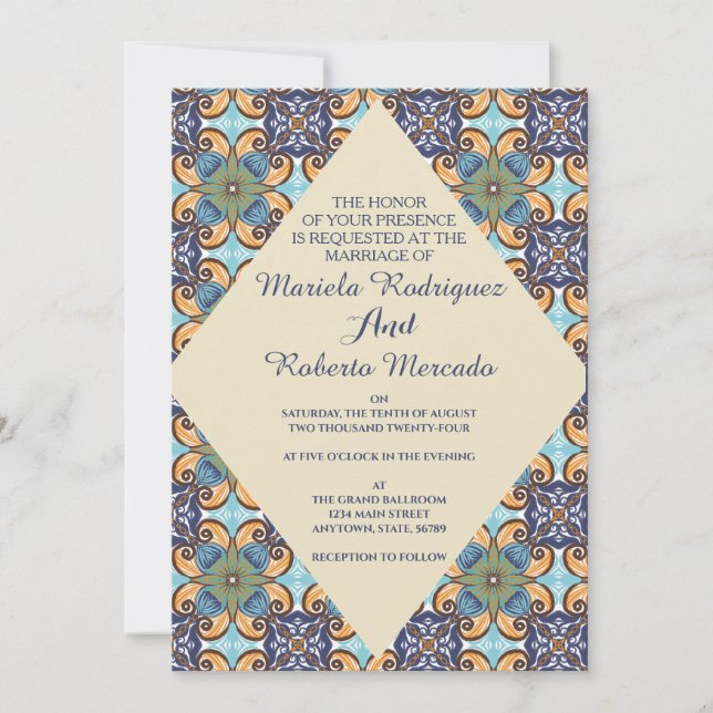 Invitation Élégant mexicain Floral Talavera Diamond Mariage (Devant)