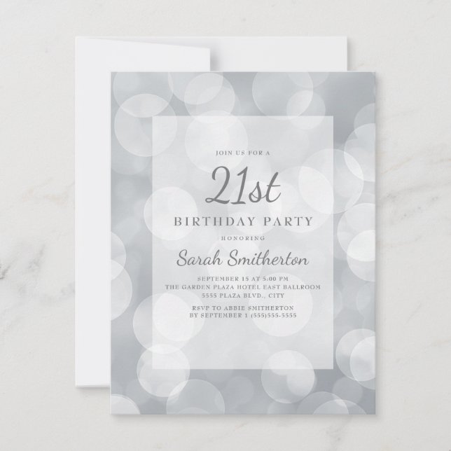 Invitation Elégant mignon Glittery Argent Bokeh 21e anniversa (Devant)