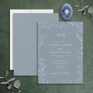 Invitation Élégant mini feuille Dusty Mariage Monogramme bleu