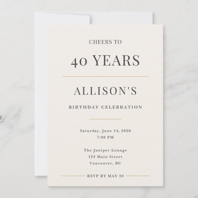 Invitation Elegant Minimal 40th Birthday Celebration (Devant)