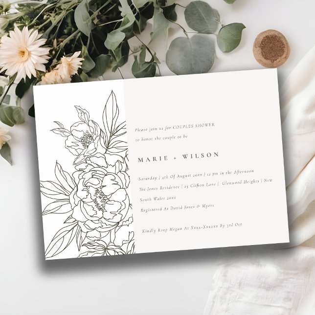 Invitation Elégant minimal Brown Croquis Floral Couples Douch (Créateur téléchargé)
