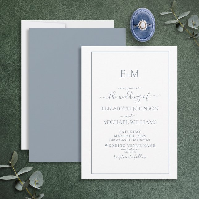 Invitation Élégant minimal Dusty bleu Mariage de monogramme o (Créateur téléchargé)