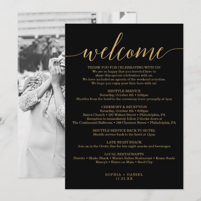Invitation Élégant minimal or Mariage Bienvenue Itinéraire In (Devant / Derrière)
