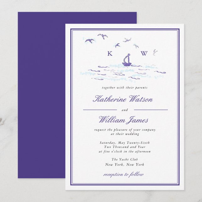 Invitation Elégant minimal voilier Imprimer Yacht Club Mariag (Devant / Derrière)