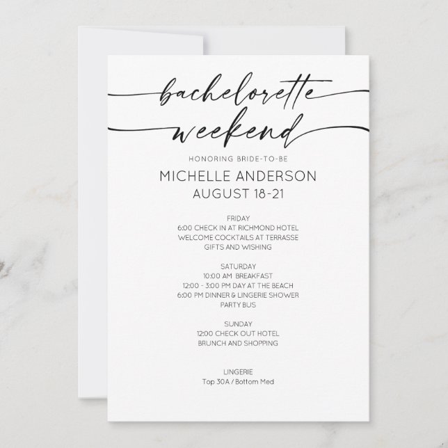 Invitation Elegant Minimalist Bachelorette Weekend Itinerary (Devant)