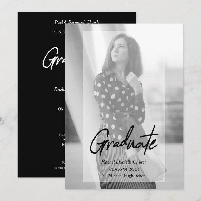 Invitation Elegant Minimalist Black & White Photo Graduation (Devant / Derrière)