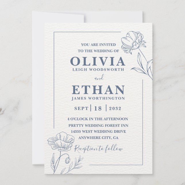 Invitation Elegant Minimalist Blue Floral Sketch Wedding  (Devant)