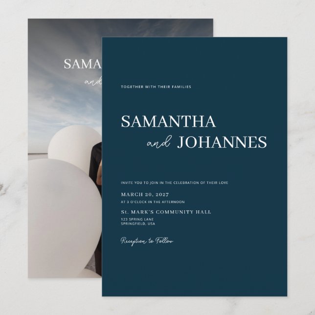 Invitation Elegant Minimalist Modern Blue Photo Wedding (Devant / Derrière)