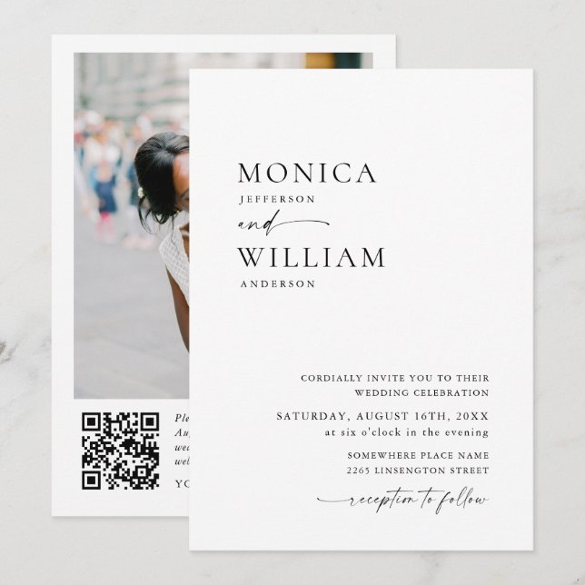 Invitation Élégant minimaliste photo Code QR Mariage (Devant / Derrière)
