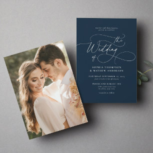 Invitation Élégant minimaliste Script Mariage photo bleu mari