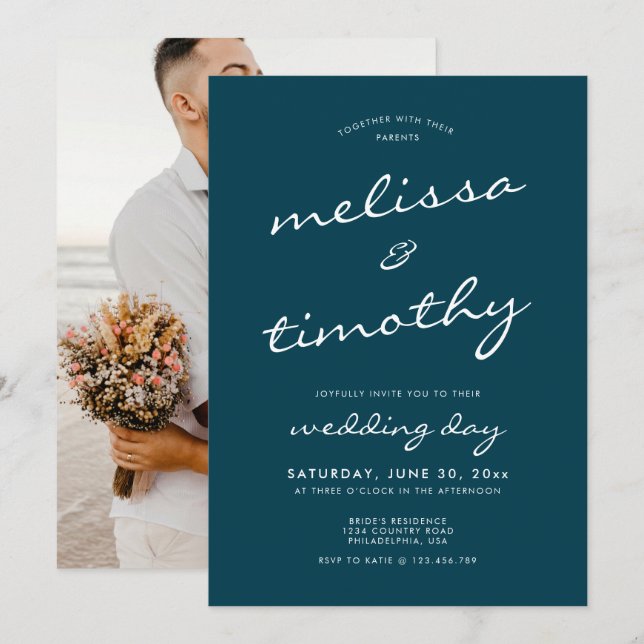 Invitation Élégant minimaliste Turquoise Mariage bleu (Devant / Derrière)