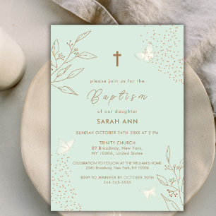 Invitation Élégant Mint Gold Feuilles papillon croix Baptême