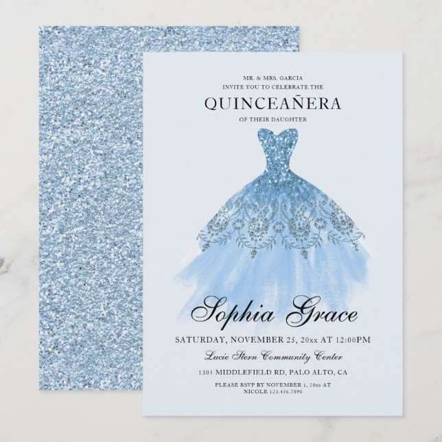 Invitation Elégant Mis Quince Parties scintillant bleue Quinc (Devant / Derrière)