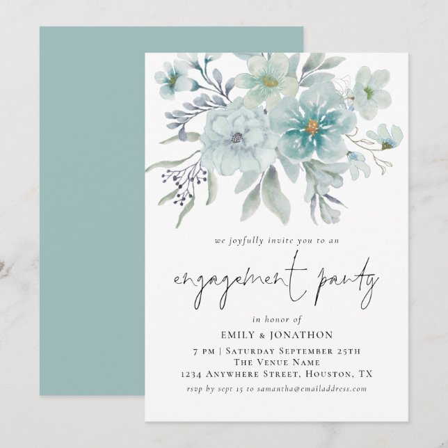 Invitation Elégant Mist Turquoise Florals Partie d'engagement (Devant / Derrière)