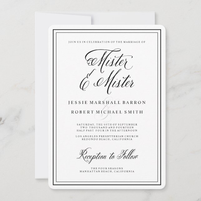 Invitation Elégant Mister et Mister Mariage Gay (Devant)