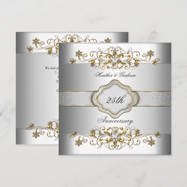 Invitation Élégant modèle d'or blanc argenté du 25e anniversa (Devant / Derrière)