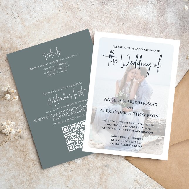 Invitation Élégant Modèle photo Mariage gris (Elegant photo Wedding invitation with QR Code and simple grey.)