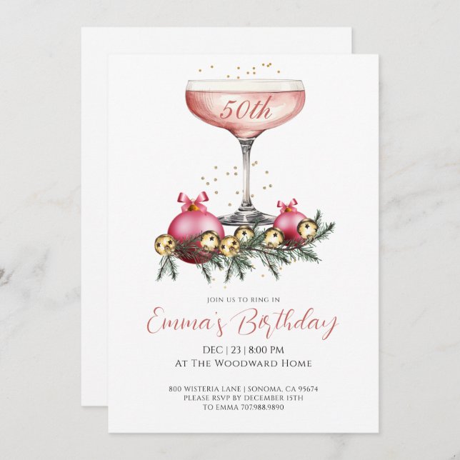 Invitation Elegant Modern 50th Christmas Birthday Party (Devant / Derrière)