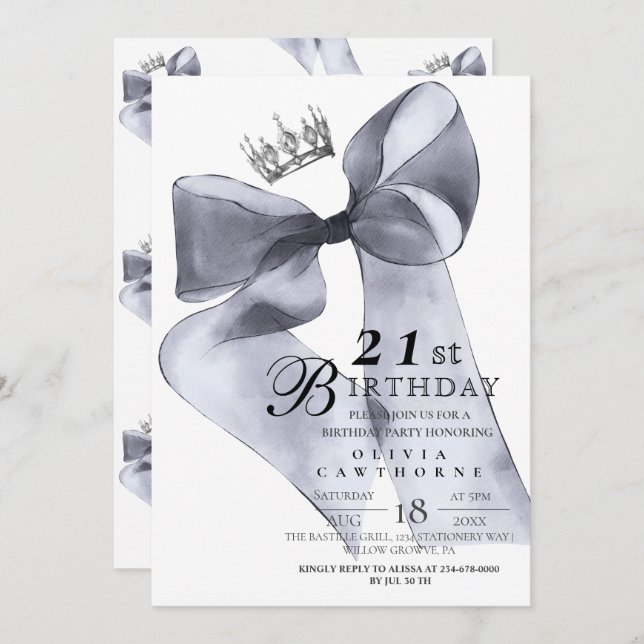 Invitation Elegant Modern Black Bow Birthday Party  (Devant / Derrière)