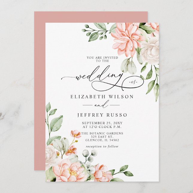 Invitation Elegant Modern Blush White Floral Wedding (Devant / Derrière)