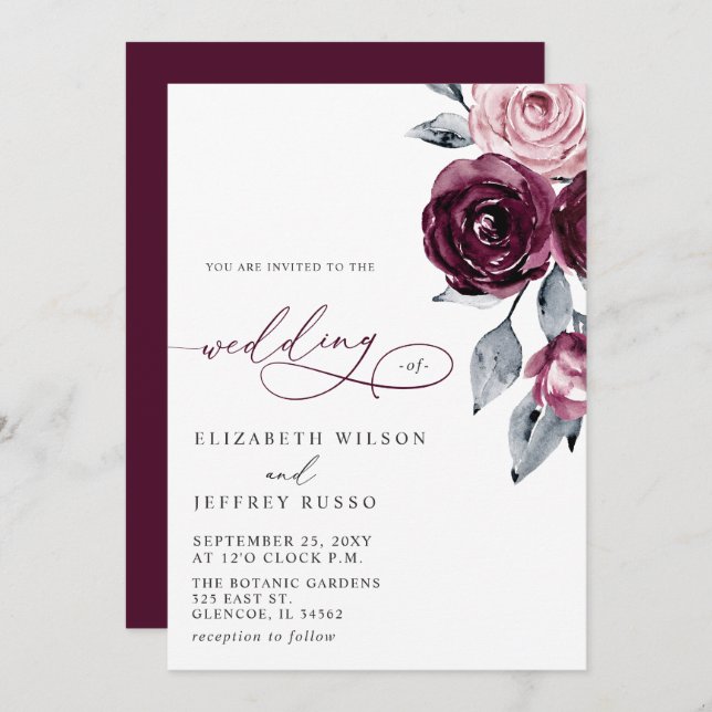 Invitation Elegant Modern Burgundy Floral Wedding (Devant / Derrière)