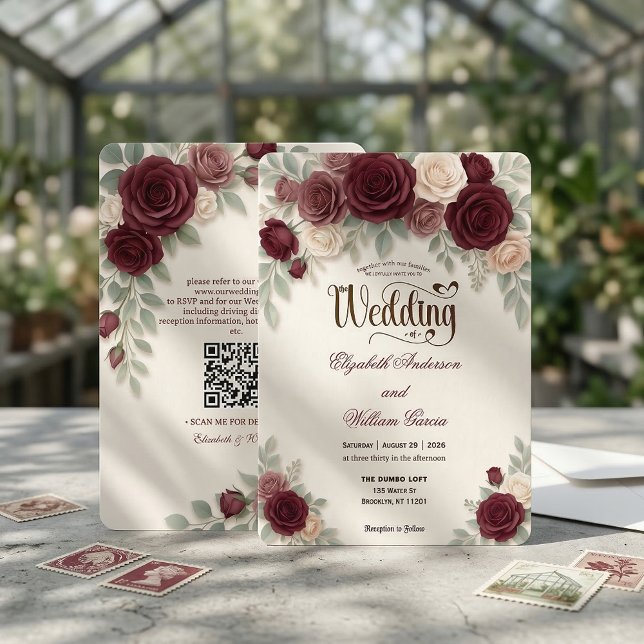 Invitation Elegant Modern Calligraphy Burgundy Rose QR Code (Créateur téléchargé)