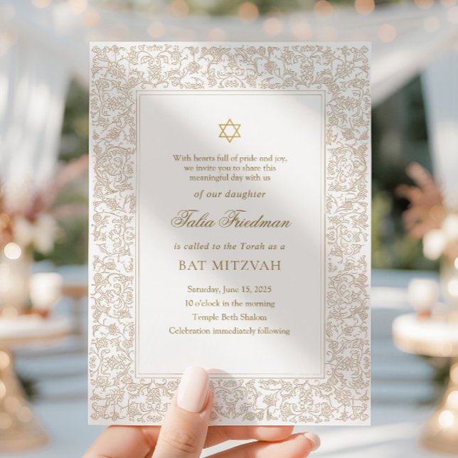 Invitation Elegant Modern Gold Floral Bat Mitzvah  (Créateur téléchargé)