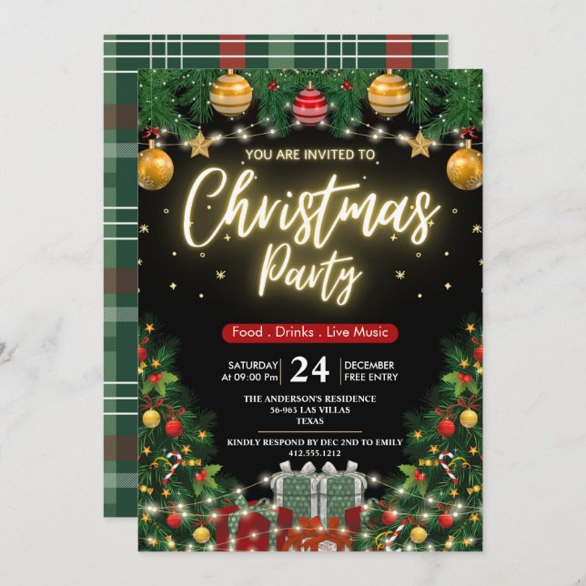 Invitation Elegant Modern Plaid Green Christmas Party  (Devant / Derrière)