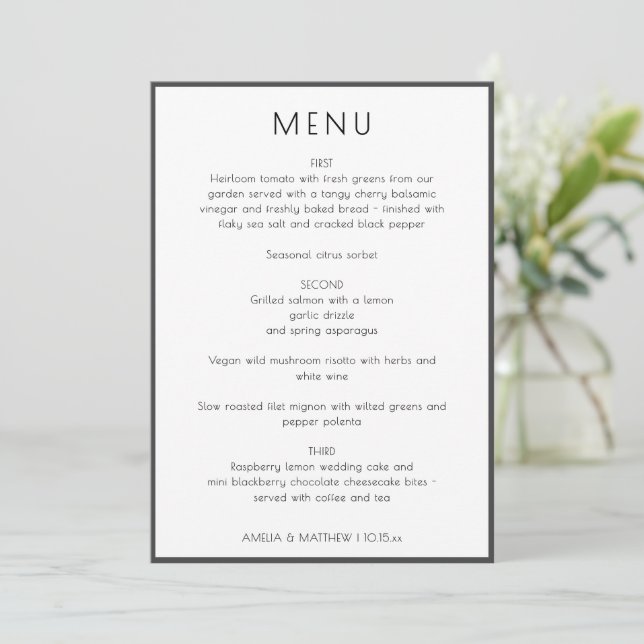 Invitation Elegant Modern White Simple Wedding Menu Card (Debout devant)
