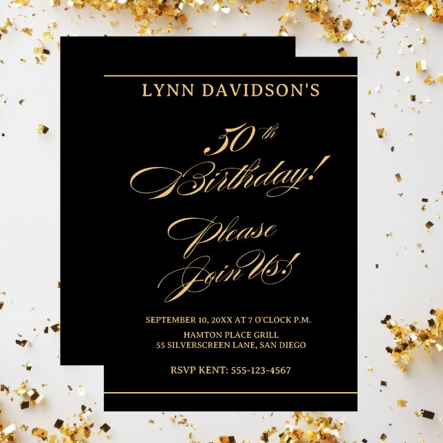 Invitation Élégant moderne 50e anniversaire Or noir (Elegant Modern 50th Birthday Gold Black Invitation)