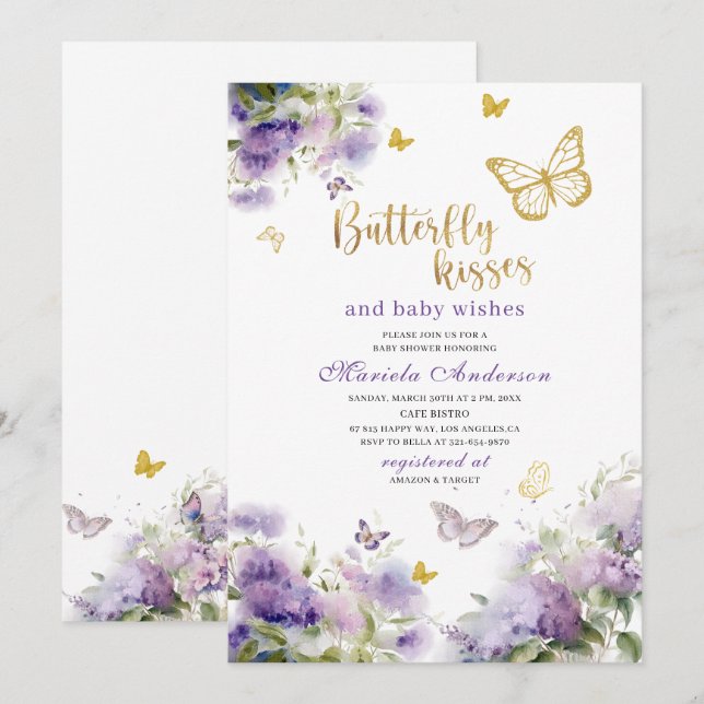 Invitation Élégant Moderne Aquarelle Papillon baisers Bébé S (Devant / Derrière)