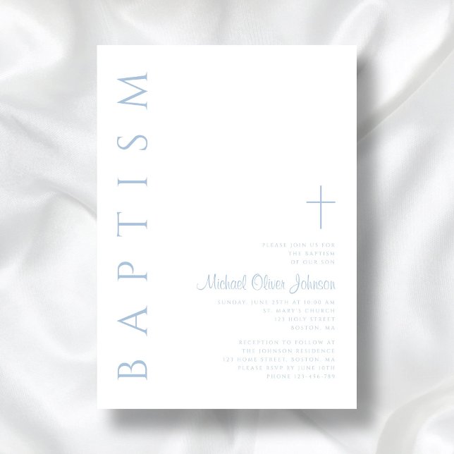 Invitation Élégant Moderne Bleu Script Cross Boy Baptême garç (Elegant Modern Blue Script Cross Boy Baptism Invitation)