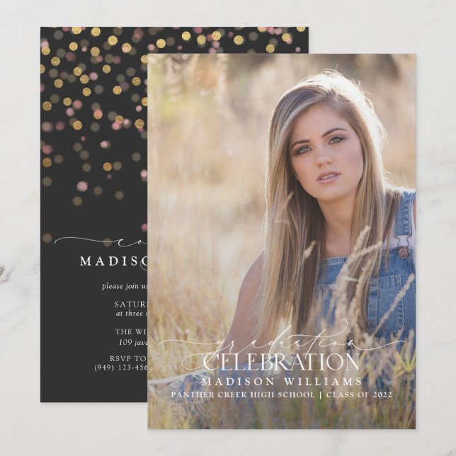 Invitation Élégant Moderne Calligraphie Photo Graduation (Devant / Derrière)