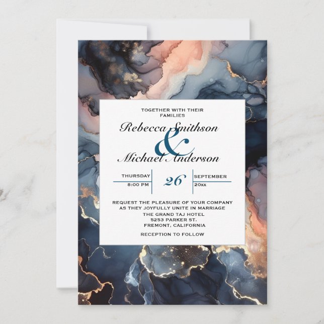 Invitation Élégant Moderne Chic Bleu Nuit & Marbre Rose (Devant)