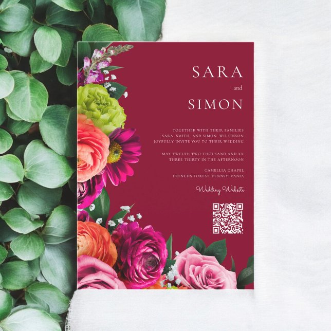 Invitation élégant moderne code QR floral bordeaux mariage (modern  burgundy wedding invitation with qr code , )