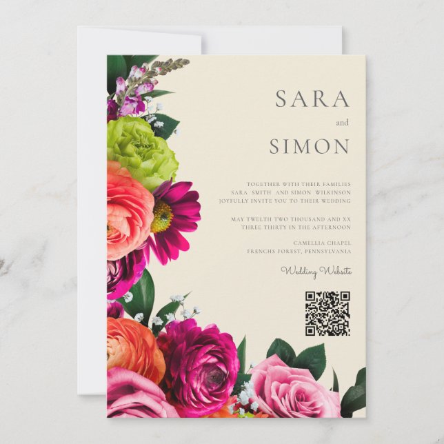 Invitation élégant moderne code QR mariage floral (Devant)