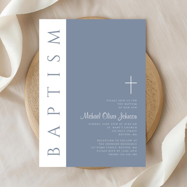 Invitation Élégant moderne Croix Bleue Dusty Baptême (Elegant Modern Dusty Blue Cross Baptism Invitation)