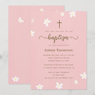Invitation Élégant moderne Croix rose marguerite Baptême reli