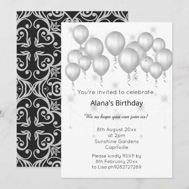Invitation ÉLÉGANT MODERNE DAMASK ARGENT BALLON Étincelle (Devant / Derrière)