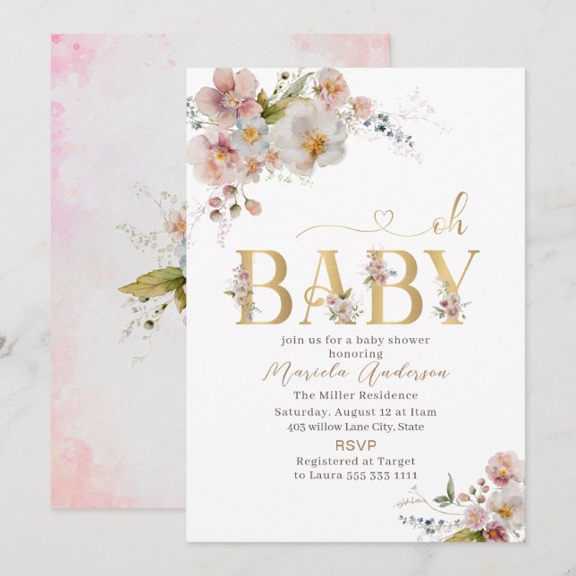 Invitation Elégant Moderne Fleurs Aquarelles Oh Baby Baby Sho (Devant / Derrière)