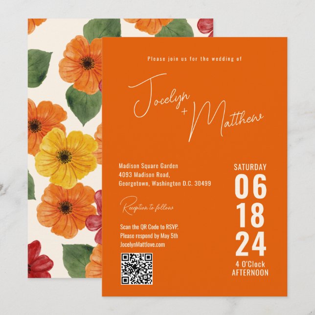 Invitation Elégant Moderne Floral Orange (Devant / Derrière)