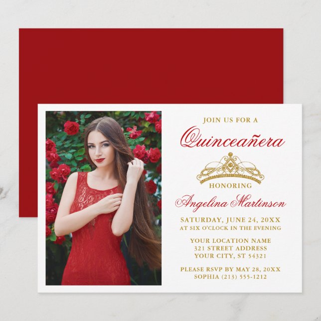 Invitation Elégant moderne Gold Crown Photo Red Quinceanera (Devant / Derrière)