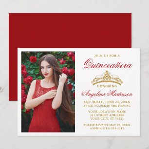 Invitation Elégant moderne Gold Crown Photo Red Quinceanera