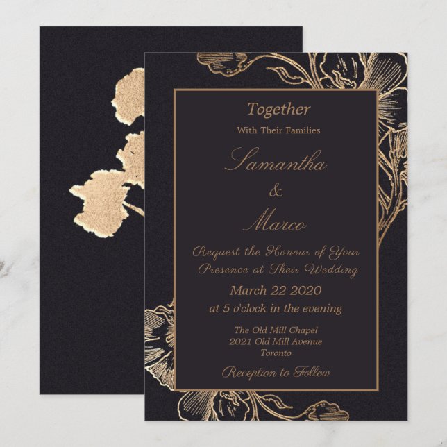 Invitation Elegant moderne Gold Faux metal Floral Wedding (Devant / Derrière)