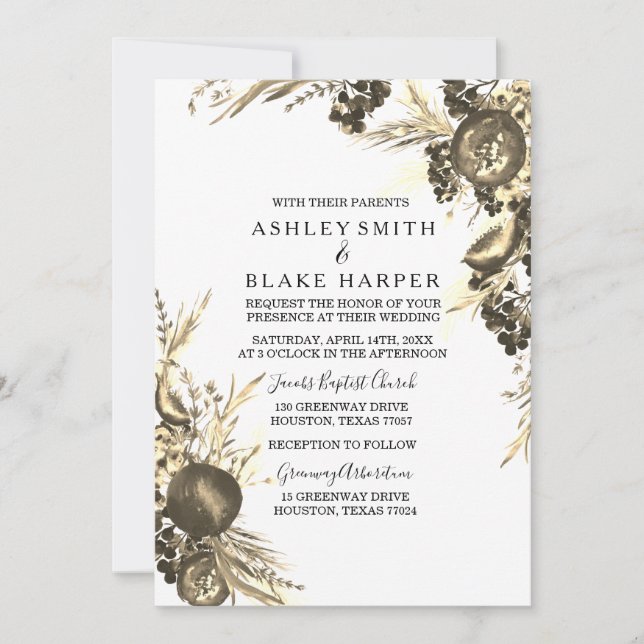Invitation Elégant Moderne Gold Floral Fern Mariage Invitatio (Devant)