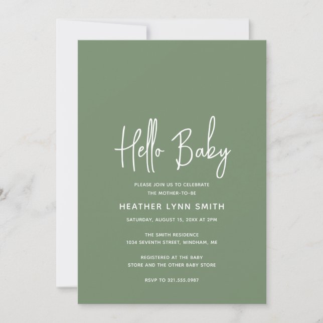 Invitation Élégant moderne Hello Baby Sage Baby shower vert (Devant)