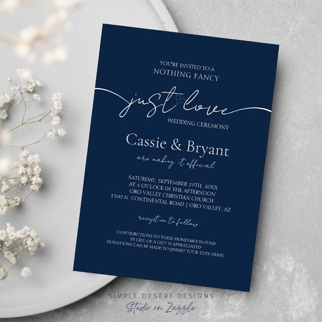 Invitation Élégant moderne Juste Amour Mariage de script bleu (Simple Elegant Navy Blue Wedding Invitations Nothing Fancy Just Love Wedding Theme)