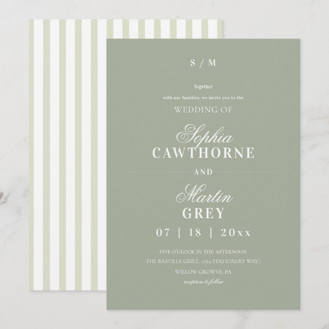 Invitation Élégant Moderne⎮Mariage Vert Sauge (Devant / Derrière)