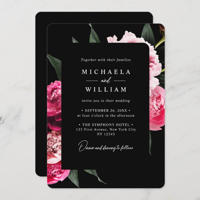 Invitation Elégant moderne noir luxe Mariage Floral (Devant / Derrière)